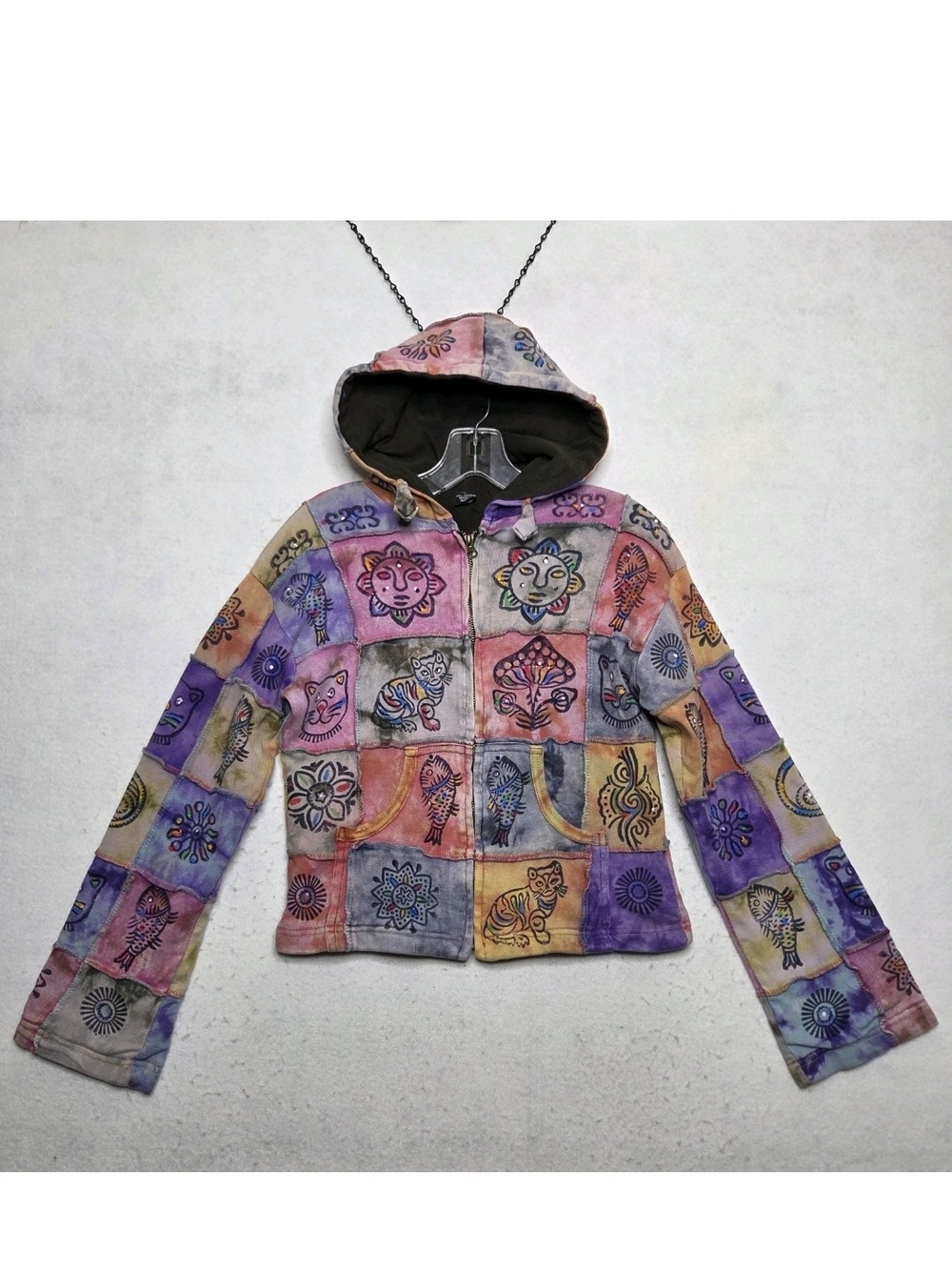 Boho Hippie Patchwork Zip Hoodie S Cropped Cat Mushroom Sun Fish Tiger Artisanal